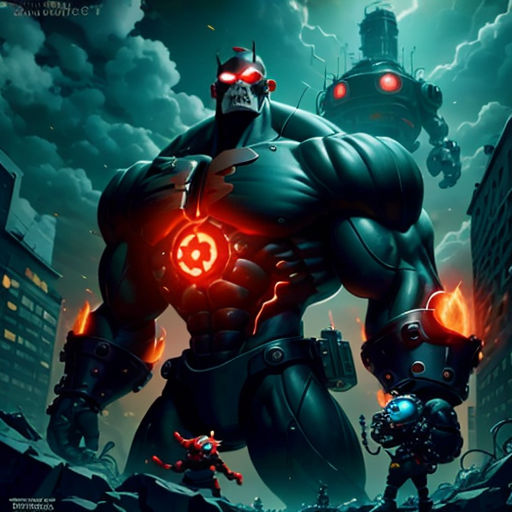 a man in a black suit with red eyes and a red light on his face, standing in front of a city