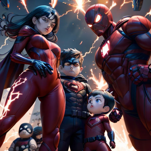 a group of people in costumes standing next to each other in front of a lightning storm with a man in the middle