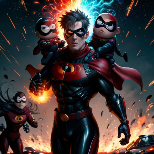 a man in a red cape and black suit with two small children on his shoulders, and a woman in a red cape and black outfit