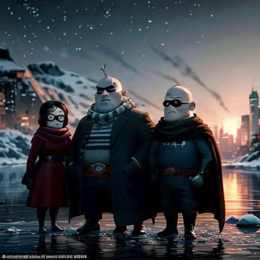 a group of people standing next to each other in the snow with a city in the background and a sky full of stars