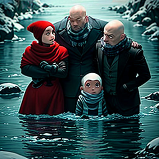 a family standing in a river with a man and woman in the water, and a man in a red hat and coat