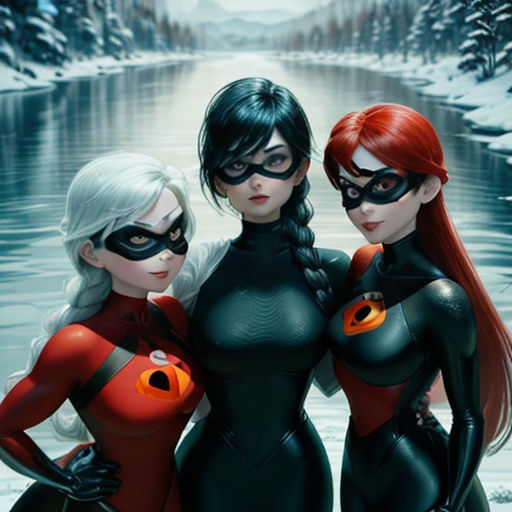 three women dressed in black and red are posing for a picture together in front of a lake and snowy mountains