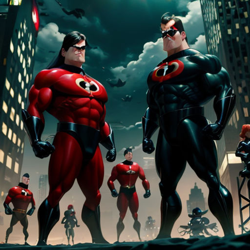 a group of superheros standing in a city at night with bats flying overhead and a full moon in the sky
