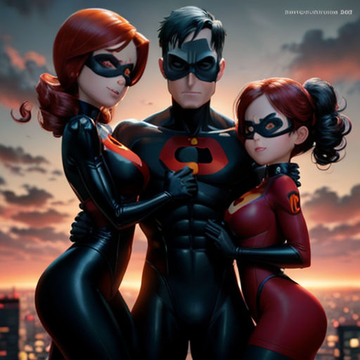 a couple of people in a batman costume standing next to each other in front of a city skyline at sunset