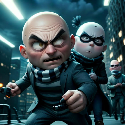 a group of animated characters in a city at night with a creepy look on their face and hands,