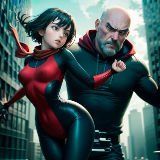a man and woman in a red and black outfit are standing in the middle of a city street, with skyscrapers in the background