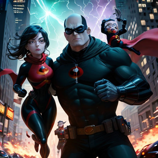 a man and woman in a batman costume standing in front of a city skyline with lightning in the background