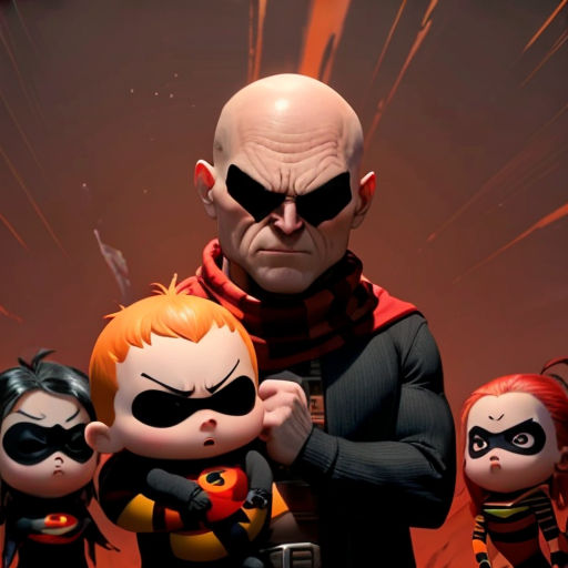a group of cartoon characters standing next to each other in front of a red background with a black and orange background