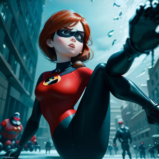 a woman in a red and black costume is posing for a picture in the city with other people in the background