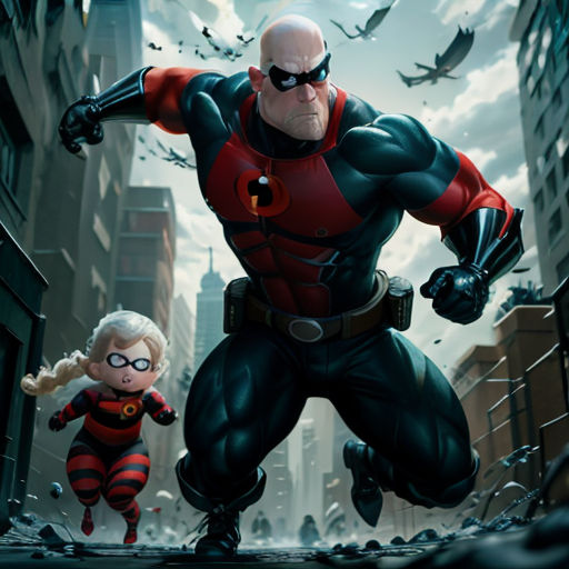 a cartoon character and a girl in a city street with bats flying around them, and a man in a red and black costume