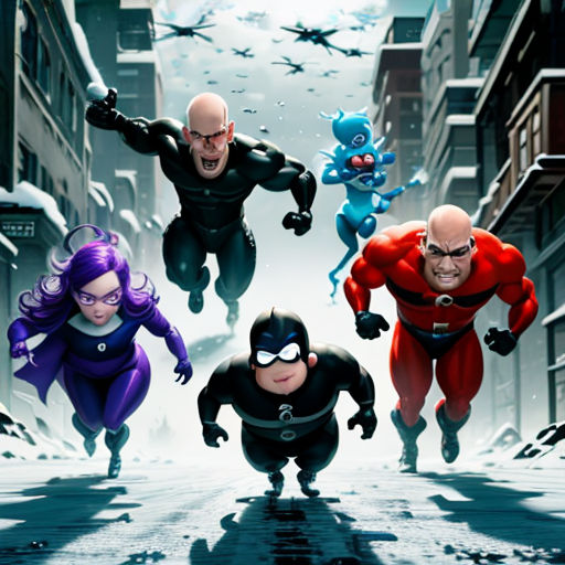 a group of cartoon characters running down a street in the snow with buildings in the background and a sky background