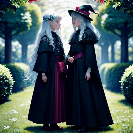 two women dressed in black and pink standing in a garden with a archway in the background and a pink rose in the foreground