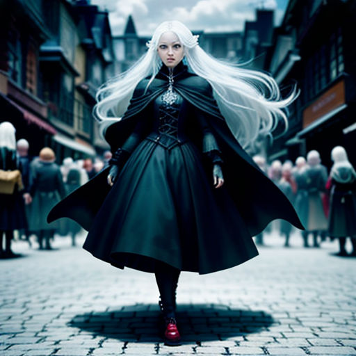 a woman with long white hair and a black dress is walking down a cobblestone street in a city