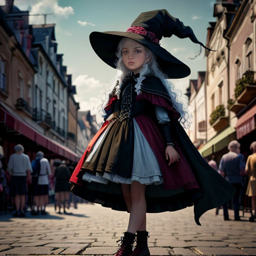 a little girl dressed in a costume and hat standing on a brick street with people in the background wearing a crowd of people