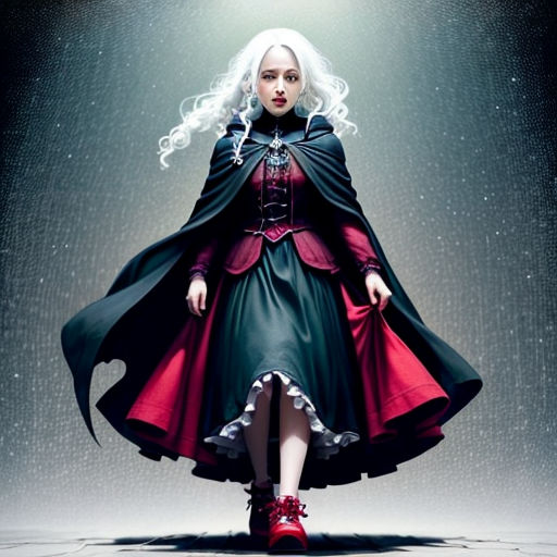 a woman in a red and black dress and cape with a white hair and a red shoe is standing in a spotlight