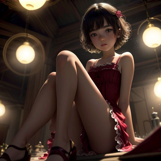 a woman in a red dress sitting on a bed in a room with lights on the ceiling and a lamp on the ceiling