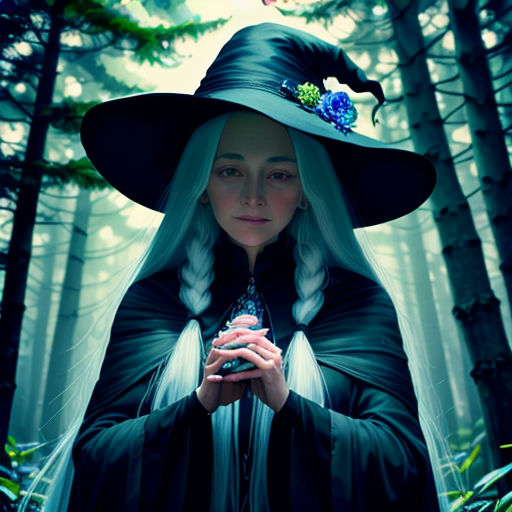 a woman dressed in a witches costume in the woods with a bird on her head and a hat on her head