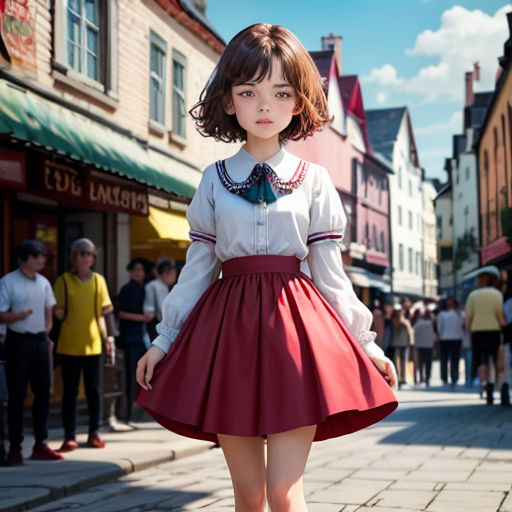 a girl in a red and white dress is standing on a sidewalk in a town square with people walking around
