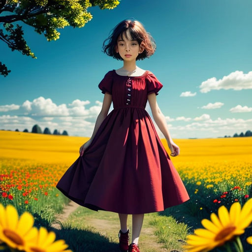 a little girl standing in a field of flowers wearing a red dress and red shoes with a blue sky in the background