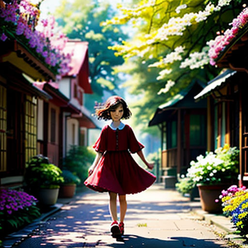 a little girl walking down a street next to flowers and trees in the background with a red dress on