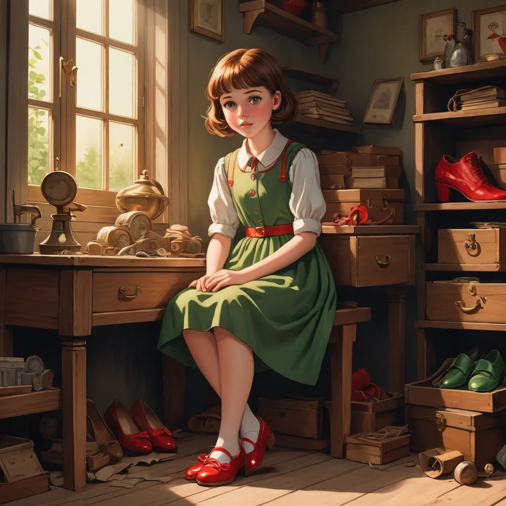 a painting of a woman sitting on a desk in a room with shoes on the floor and a window, remodernism, a storybook illustration, Clarice Beckett, rossdraws global illumination