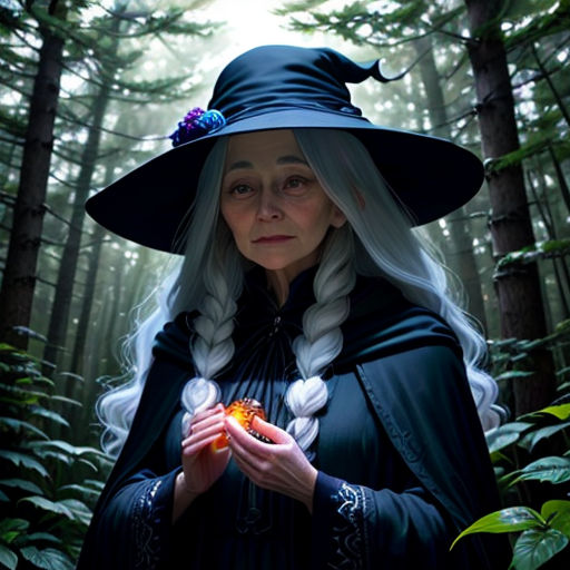 a woman dressed in a wizard costume holding a flower in a forest with trees in the background and fog