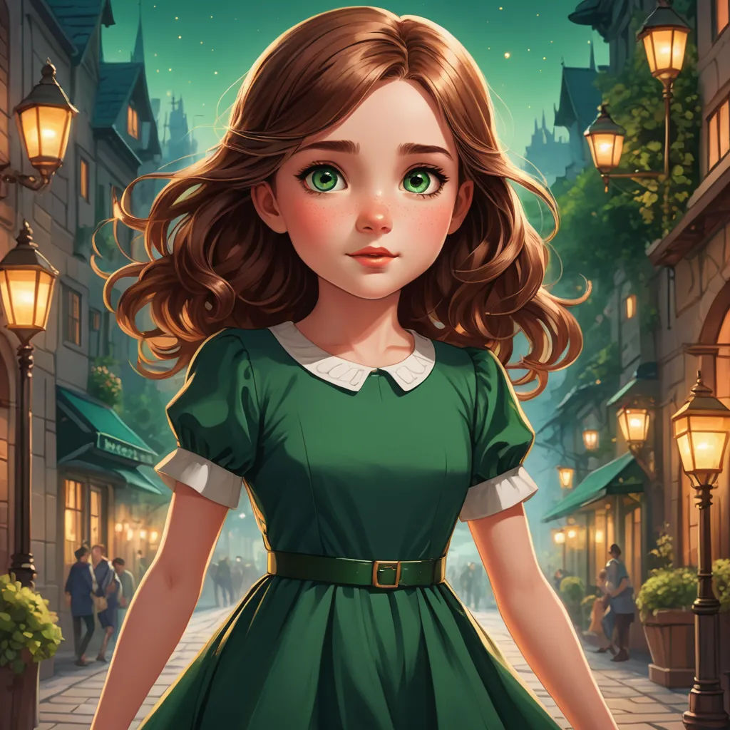 a girl in a green dress standing in front of a street light with a lantern on the side of the street, fantasy art, a storybook illustration, Alice Prin, kinkade