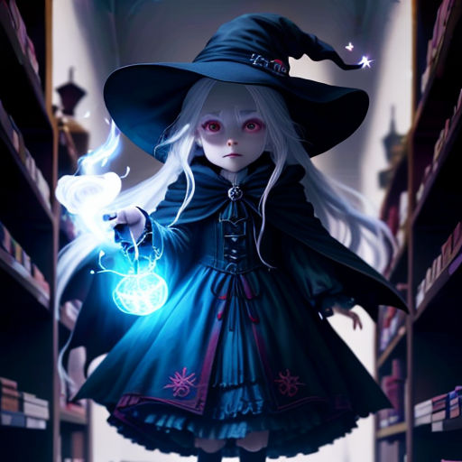 a girl dressed in a witch costume holding a glowing orb in a library with bookshelves in the background
