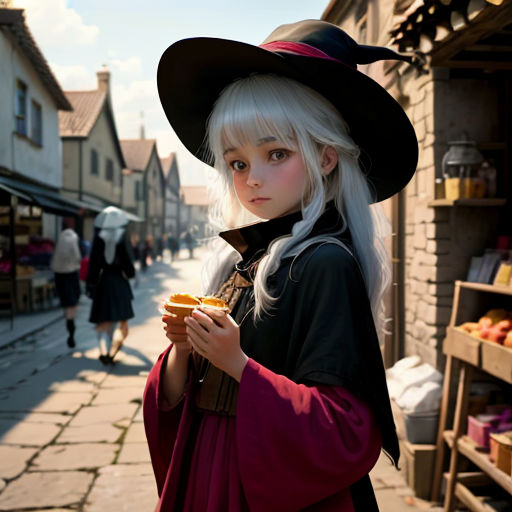 a woman in a witch costume holding a donut in a street with people walking by on the sidewalk