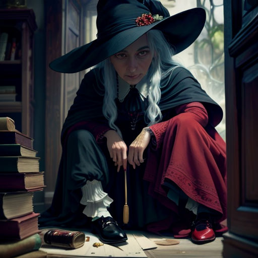 a woman in a witch costume sitting on a floor next to a pile of books and a broom with a red flower