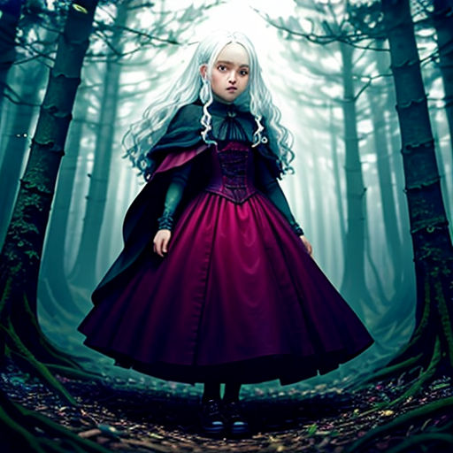 a woman in a purple dress standing in a forest with trees and leaves on the ground, with a white hair and a black cape on her head