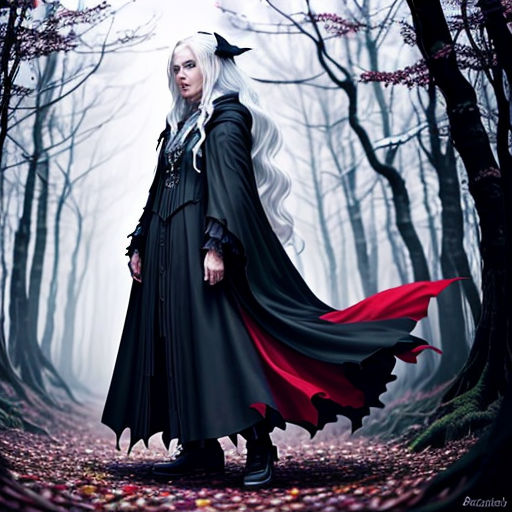 a woman dressed in a black and red costume standing in a forest with trees and leaves on the ground