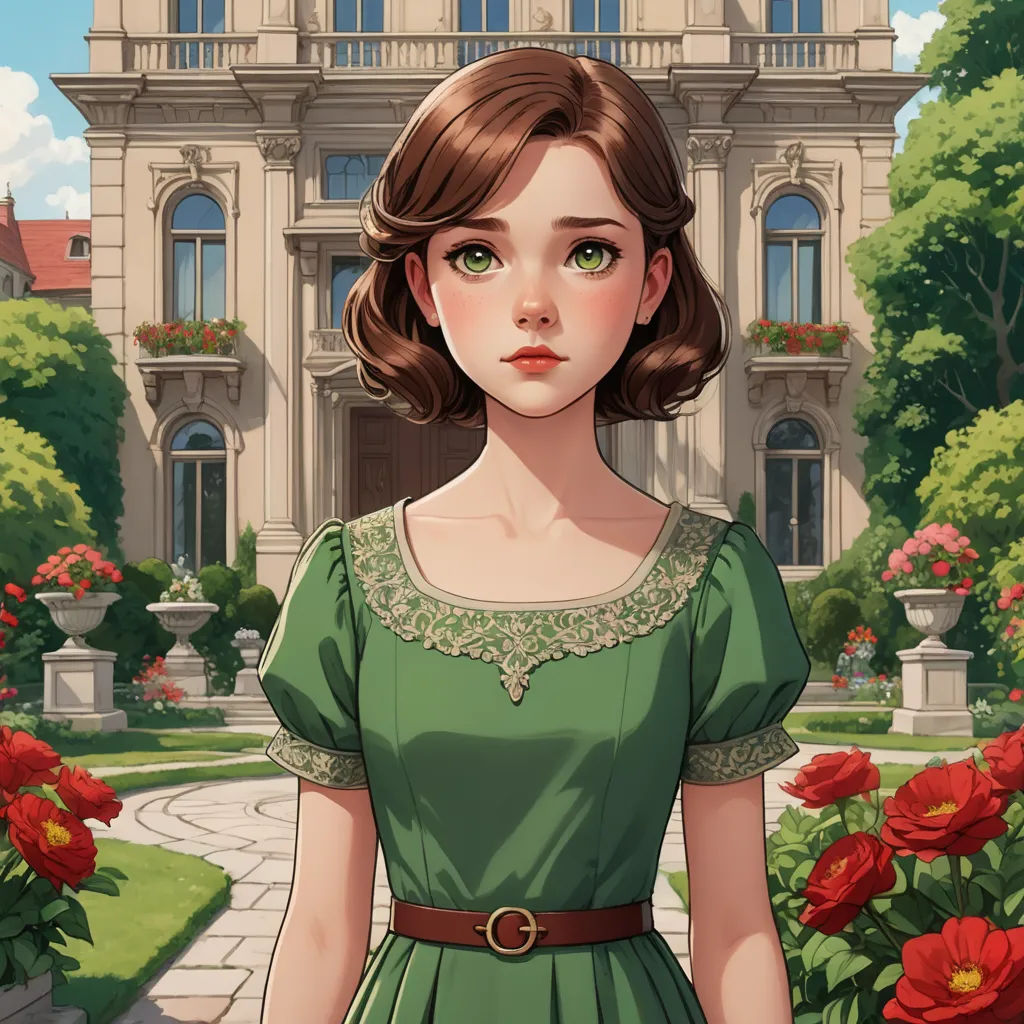 a girl in a green dress standing in front of a building with red flowers in front of her and a red rose in the foreground, paris school, a character portrait, Constance Gordon-Cumming, kinkade