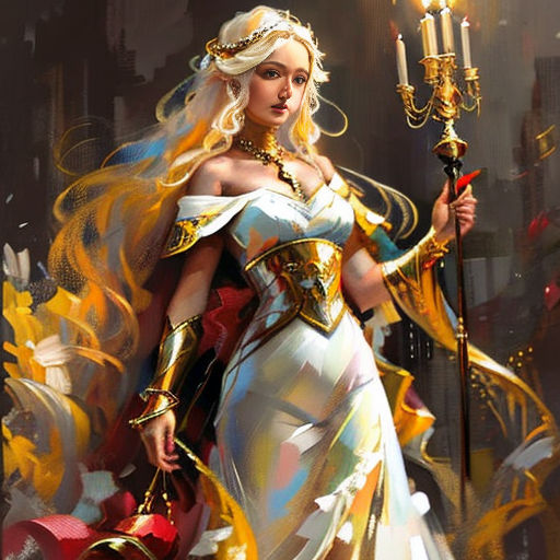 a woman dressed in a white dress holding a torch and a red bag with a flame on it and a gold chain around her neck