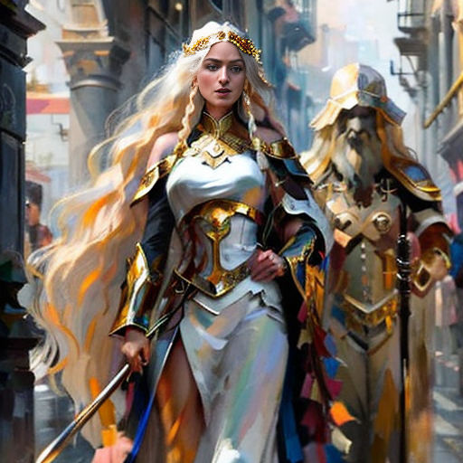 a woman in a white dress and a man in armor walking down a street with a sword in hand