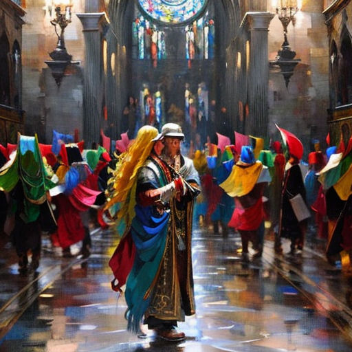 a painting of a man in a church with a lot of people in the background and a stained glass window