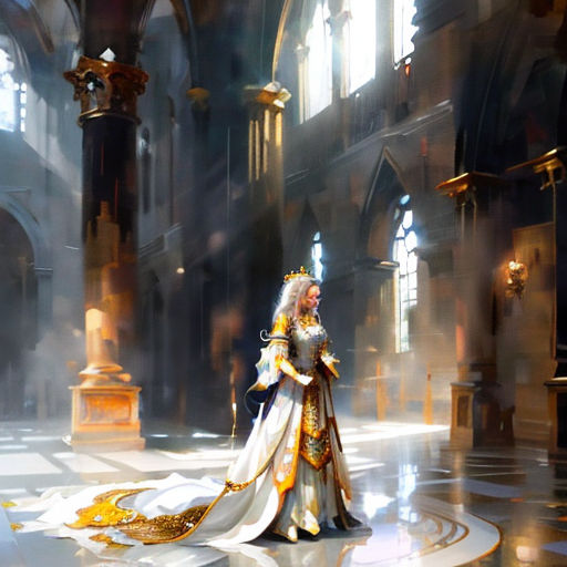 a woman in a white and gold dress in a church with a gold and white cloak on her head