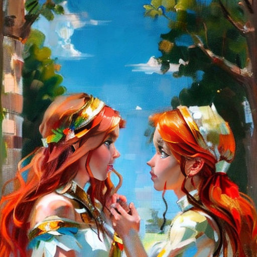 two beautiful women standing next to each other in front of a tree and sky background with a blue sky