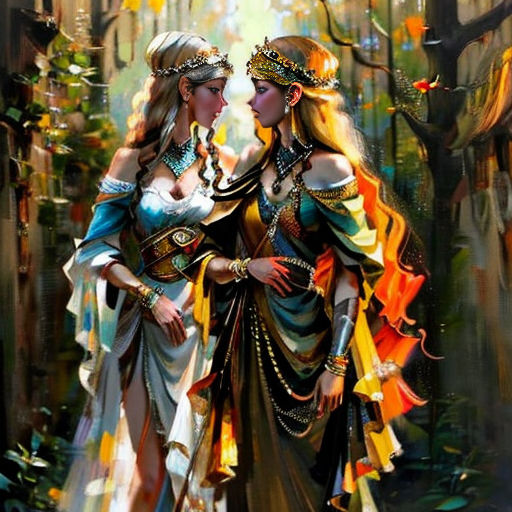 two women dressed in medieval clothing standing in a forest with trees and leaves in the background, one of them is wearing a crown