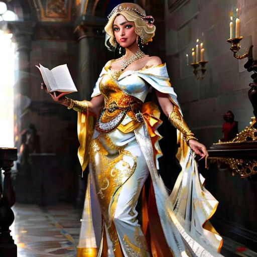a woman dressed in a costume holding a book in a hallway with a chandelier and a chandelier