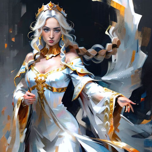 a woman dressed in a white and gold costume with a crown on her head and a sword in her hand