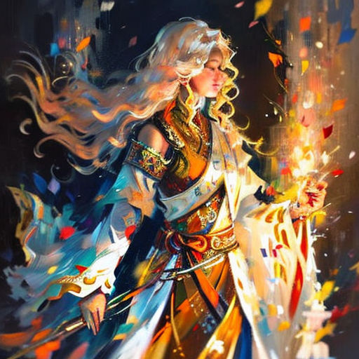 a woman in a costume holding a sword and a sword in her hand with confetti falling from her