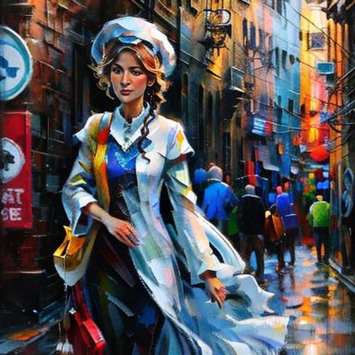a painting of a woman walking down a street in the rain with an umbrella on her head and a man walking behind her