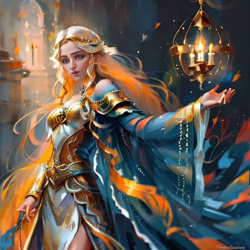 a woman in a blue dress holding a lantern and a candle in her hand, with a gold crown on her head