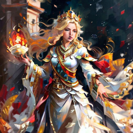 a woman dressed in a costume with a crown and a sword in her hand, with a fire in her hand