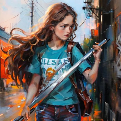 a painting of a girl holding a sword and a backpack on a city street with buildings in the background