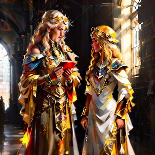 two women dressed in medieval costumes standing next to each other in a hallway with a window behind them and a light shining on them