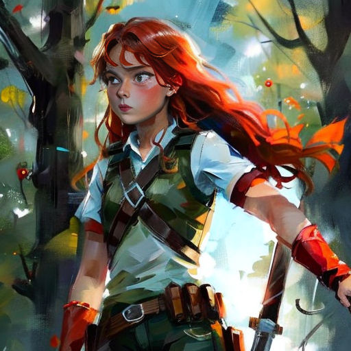 a woman with a gun and a hat on her head is standing in the woods with trees and leaves