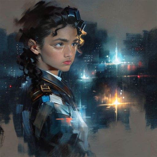 a painting of a woman in a sci - fi suit with a city in the background and a light in the distance