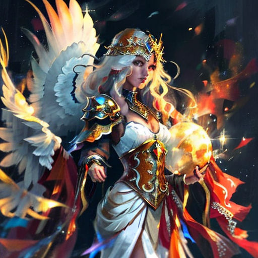 a woman dressed in a costume with wings and a ball in her hand, holding a golden ball and a sword